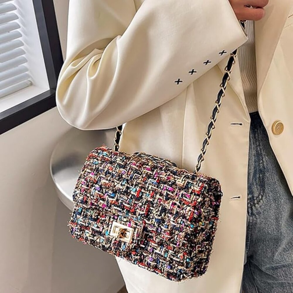 Tweed Wool Plaid Classic Flap Handbag Black Multicolored Quilted Woven Crossbody